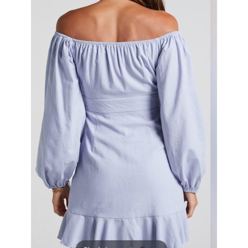 Showpo Can’t Move On Cotton Linen Off the Shoulder Ruffle Wrap Dress Blue Sz 6 - Picture 10 of 10